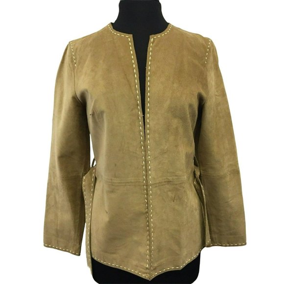 INC Coat M Brown Tan Genuine Leather Belted Boho Womens - Picture 10 of 12